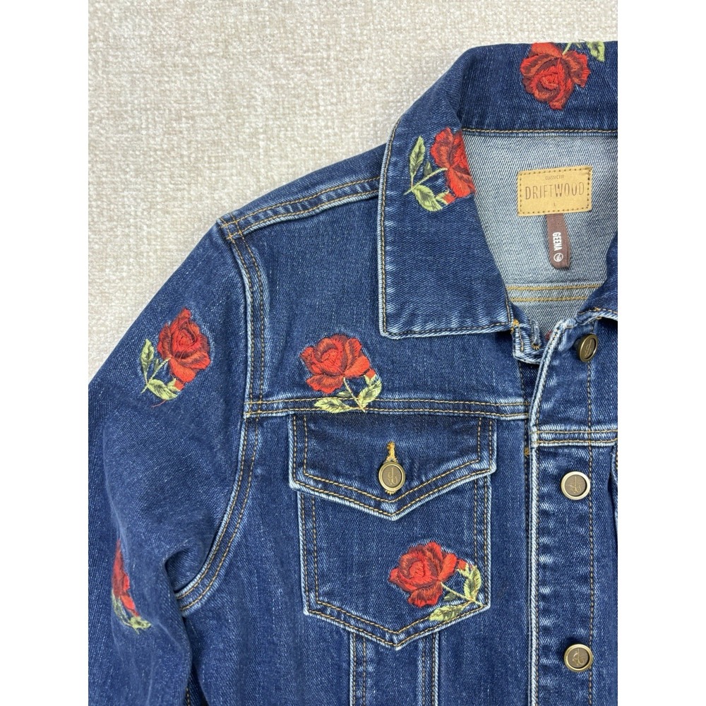 Driftwood Womens Denim Embroidered Roses Button Up Jacket Size Large/L Blue . - Picture 2 of 9